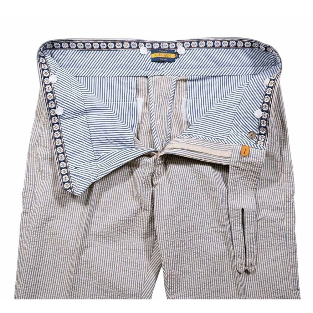 Mens Gurkha Pants Beige Blue Striped Seersucker Slim Straight Chino Trousers 36 - Picture 3 of 7